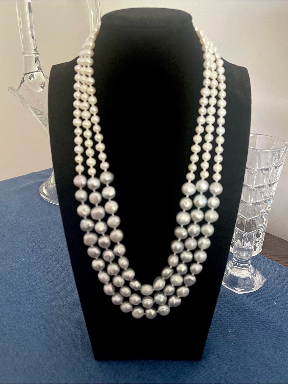 Pearl necklace 925 Clasp knotted triple strand Coin baroque graduated ombré